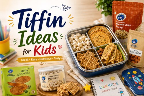 Indian school tiffin box with khakhra thepla and chikki packed for kids