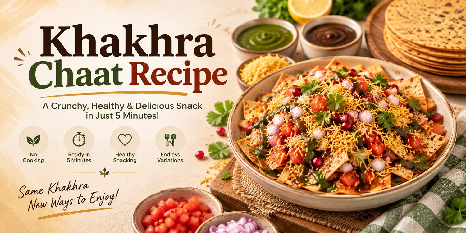 Khakhra chaat topped with onion tomato sev and coriander