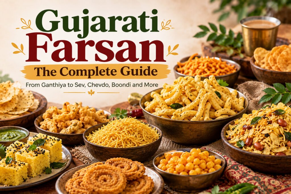 Assorted Gujarati farsan including ganthiya sev chevdo and fulvadi Induben Khakhrawala | Khakhra Shop Assorted Gujarati farsan including ganthiya sev chevdo and fulvadi