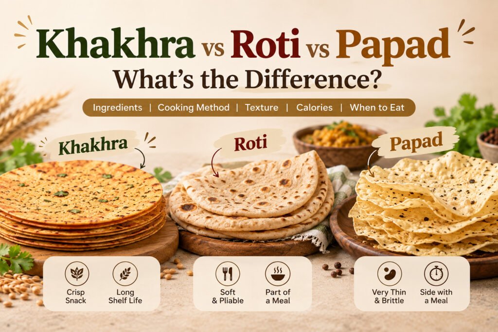 Khakhra roti and papad side by side showing the difference in thickness and texture